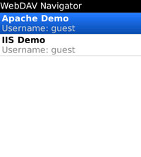 WebDAV Nav for Blackberry, server list