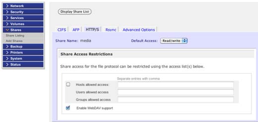 ReadyNAS share selection